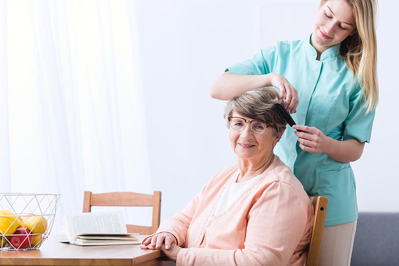 Caretaker Combing Seniors Hair