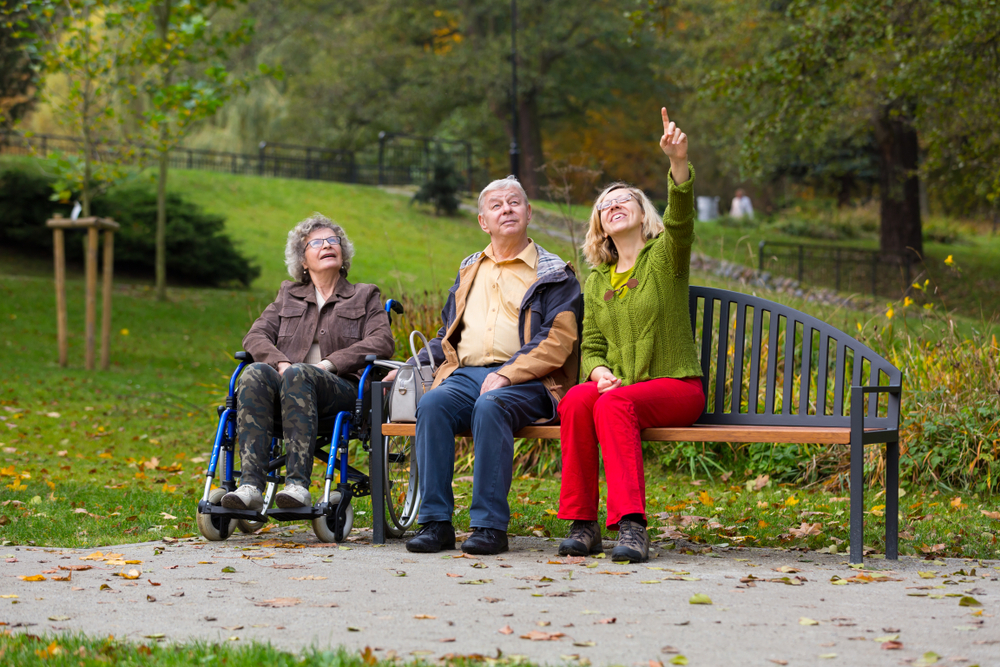 Three seniors sitting outdoors in a park watching birds in the sky. 